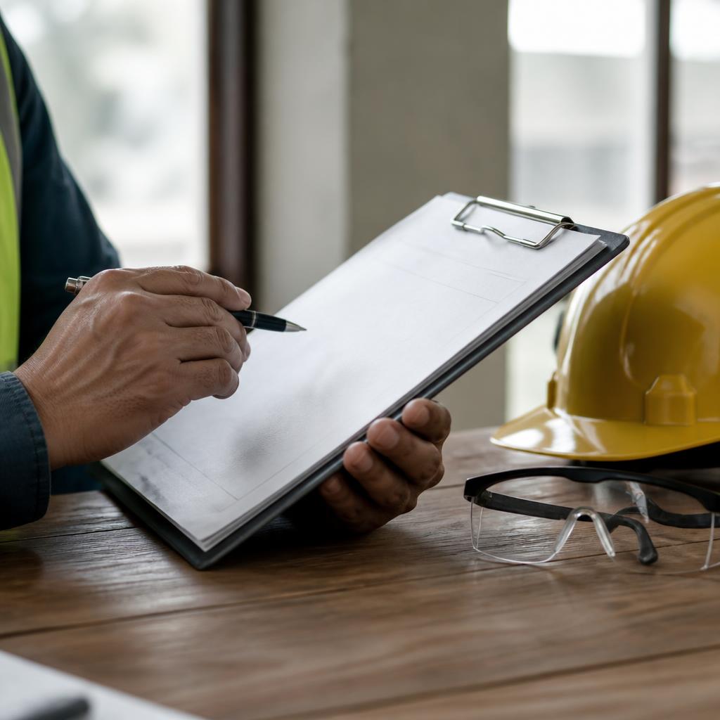 A worker holding a clipboard with certification paperwork next to a hard hat and safety glasses